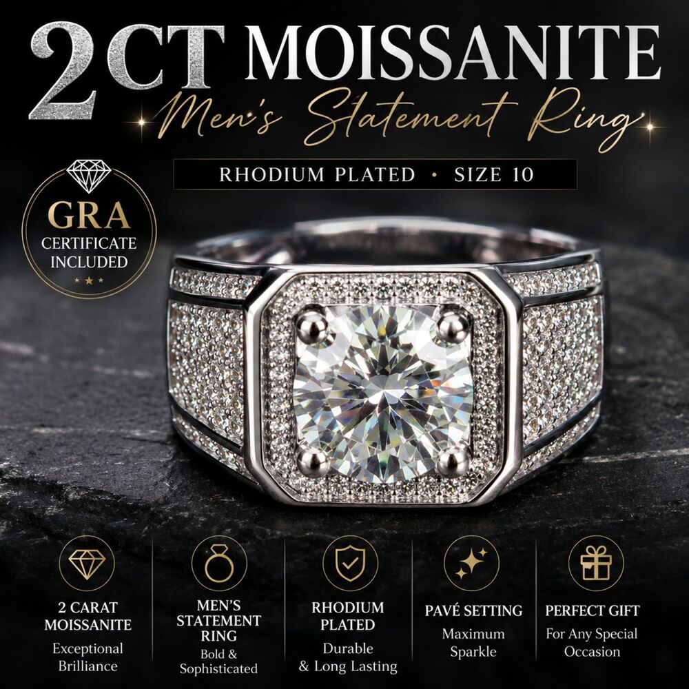 2 CT Moissanite Men’s Ring Size 10 Rhodium Plated GRA Certified